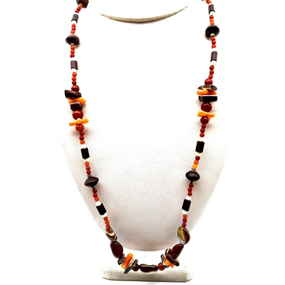 Basic Boho Strand Necklace, Retro Brown and Orange Early Plastic Beads